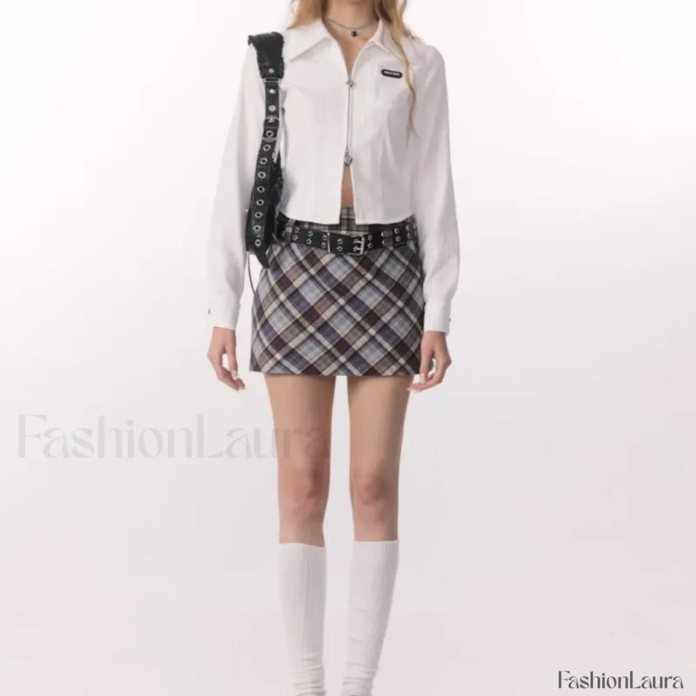 Retro Plaid High Waist Skirt Blue / S