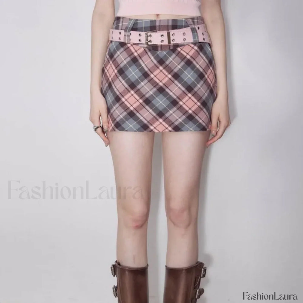 Retro Plaid High Waist Skirt Pink / S