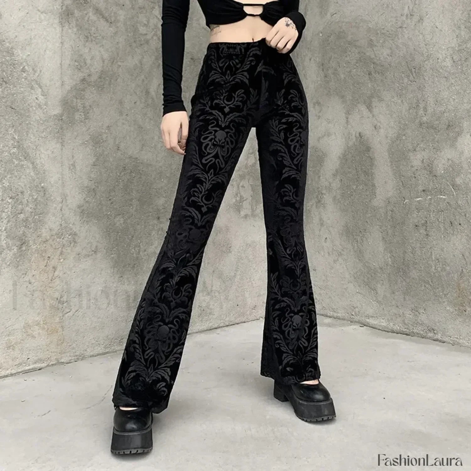 Retro Print Black Pants for Halloween Celebrations