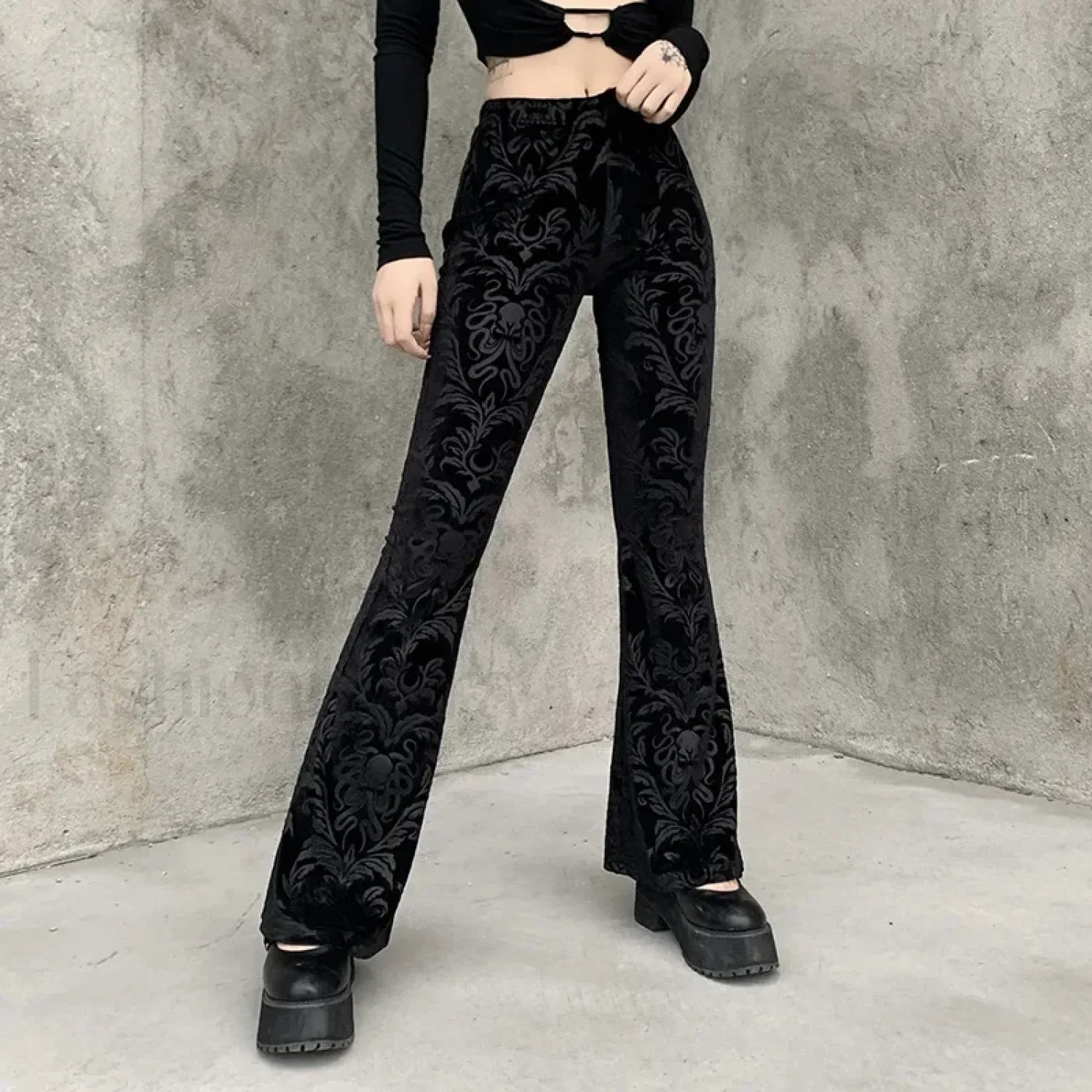 Retro Print Black Pants for Halloween Celebrations