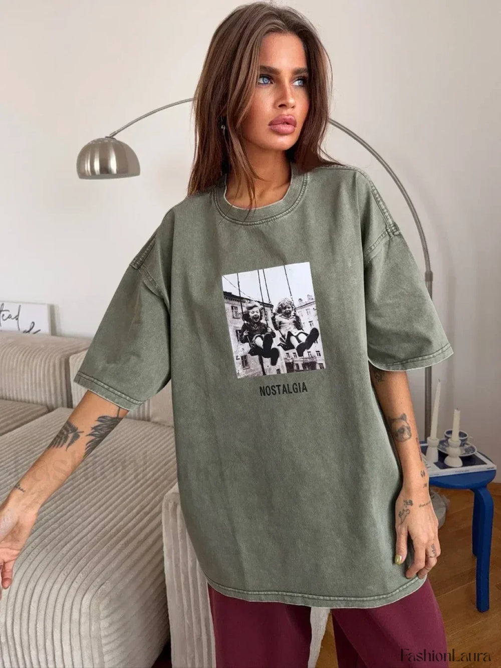 Retro Printed 100% Cotton Loose T Shirt Army green / S