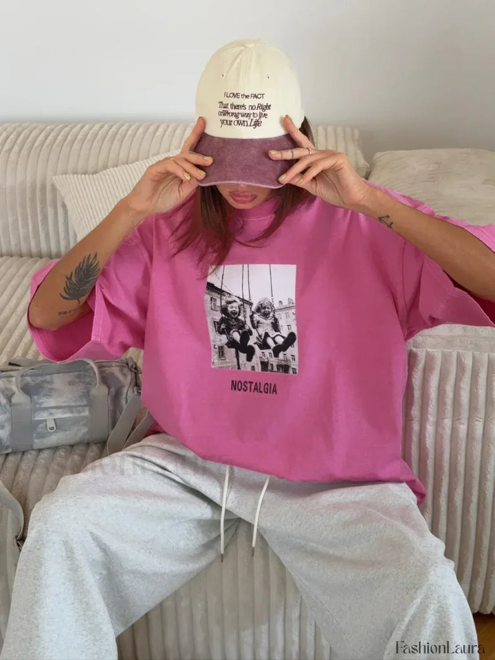 Retro Printed 100% Cotton Loose T Shirt Rose Red / S