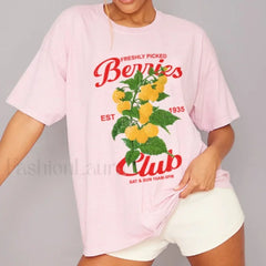 Retro Raspberry Fruit Printed Vintage T Shirt Pink / S