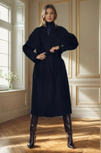 Retro Solid Woolen Coat Women Knee High Thick Turn Down Overcoat Black / S