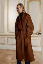 Retro Solid Woolen Coat Women Knee High Thick Turn Down Overcoat Brown / S