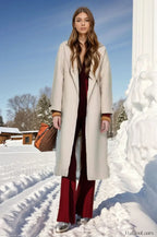 Retro Solid Woolen Coat Women Knee High Thick Turn Down Overcoat Ivory / S