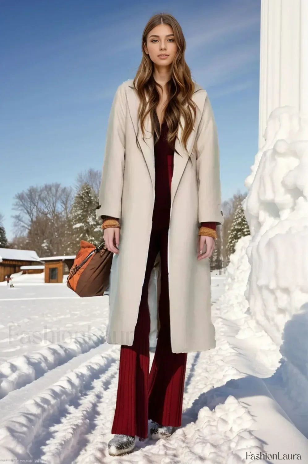 Retro Solid Woolen Coat Women Knee High Thick Turn Down Overcoat Ivory / S