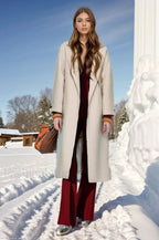 Retro Solid Woolen Coat Women Knee High Thick Turn Down Overcoat Ivory / S