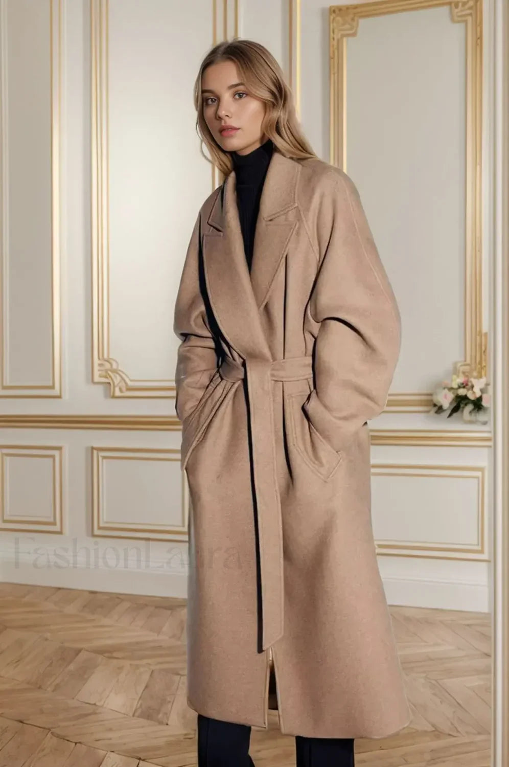 Retro Solid Woolen Coat Women Knee High Thick Turn Down Overcoat Khaki / S