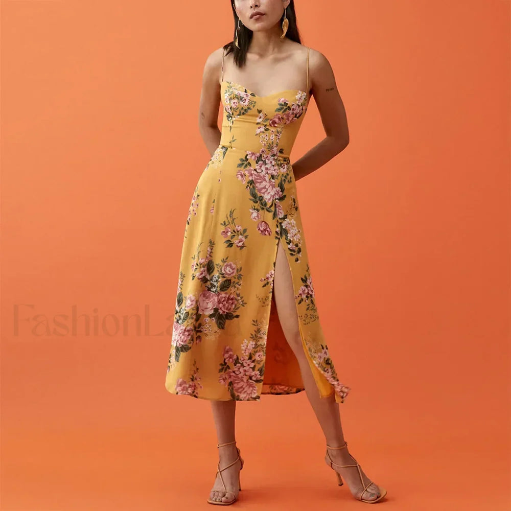 Retro Strap Slit Floral Dress color 10 / S