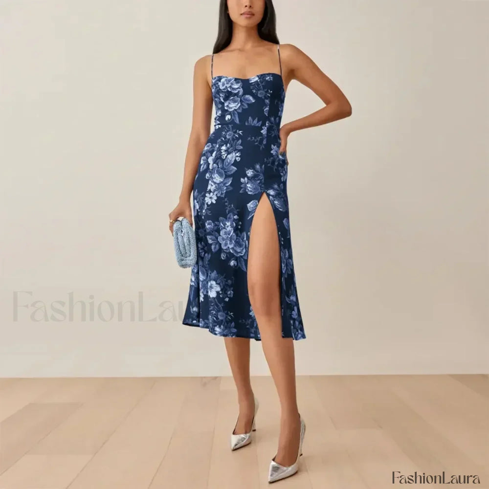 Retro Strap Slit Floral Dress color 15 / S