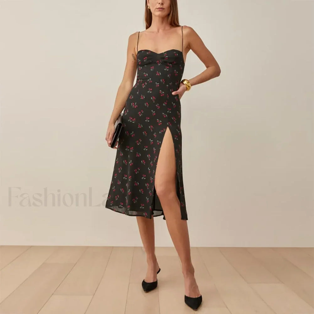 Retro Strap Slit Floral Dress color 21 / S
