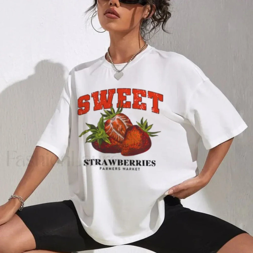 Retro Strawberry Fruit Printed Oversized T Shirt WHITE / S