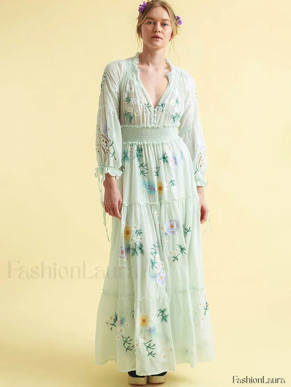 Retro V Neck Elastic Boho Dress Light Green / S