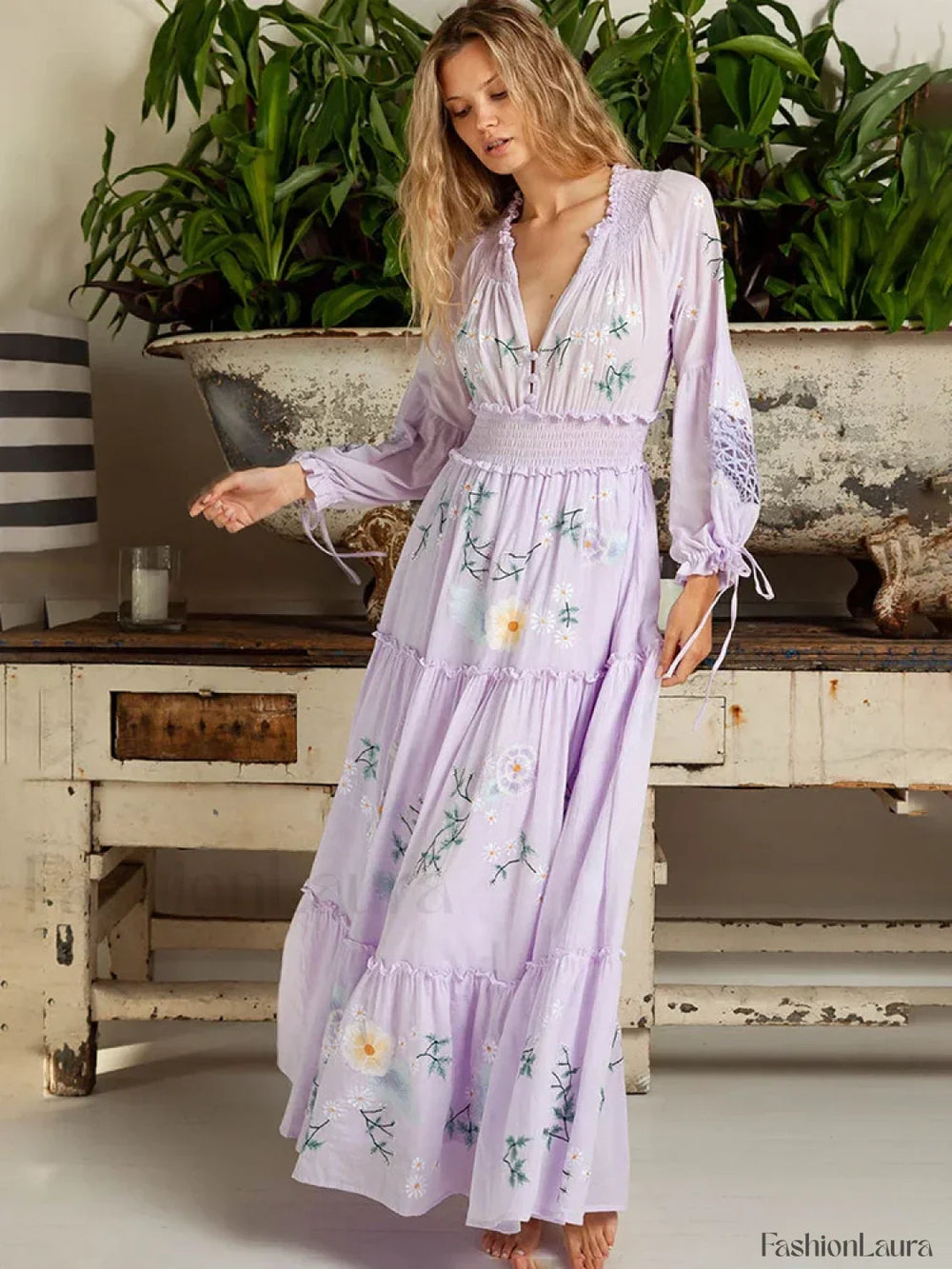 Retro V Neck Elastic Boho Dress Light Purple / S