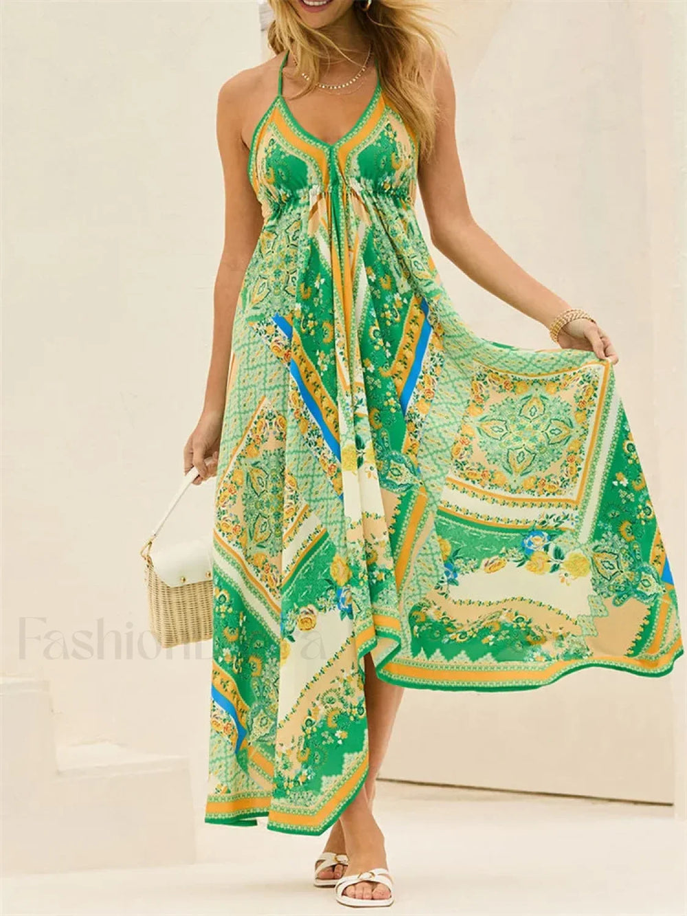 Retro V Neck Maxi Floral Dress green / S