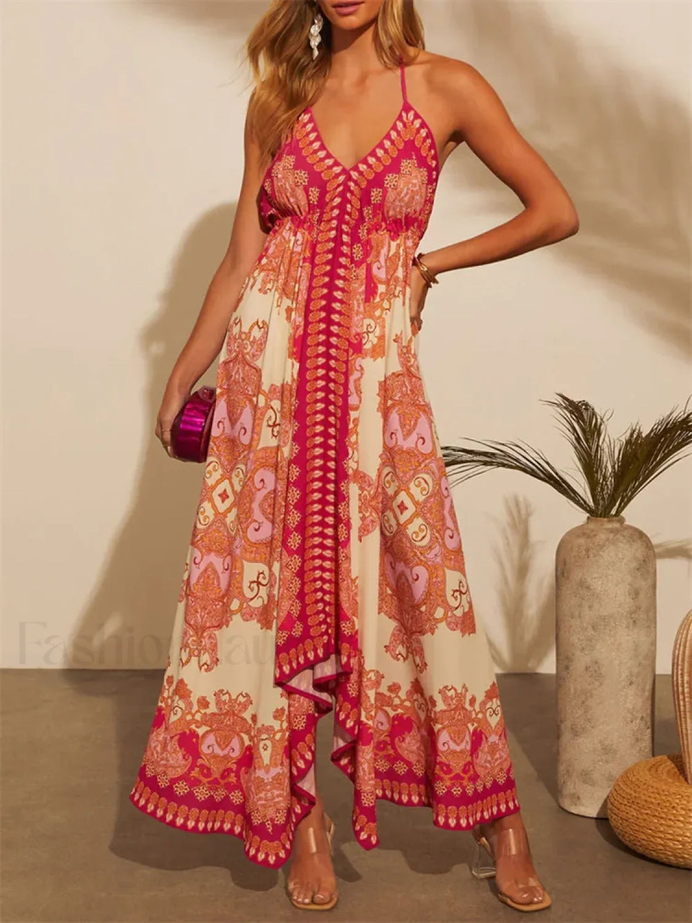 Retro V Neck Maxi Floral Dress red / S