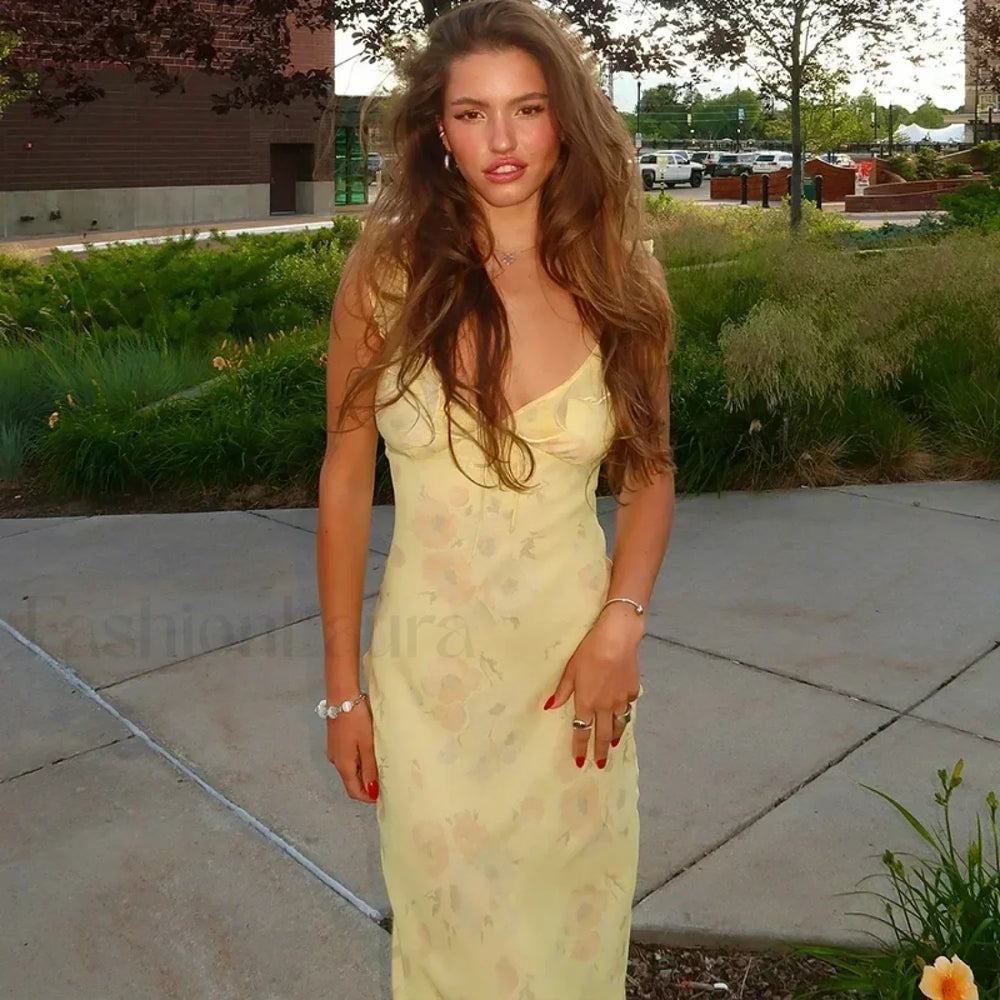 Retro Yellow Sleeveless Floral Print Maxi Floral Dress Yellow / S