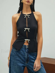 Rhinestone Bow Decor Halter Tank Top Black / XS Tank Tops & Camis