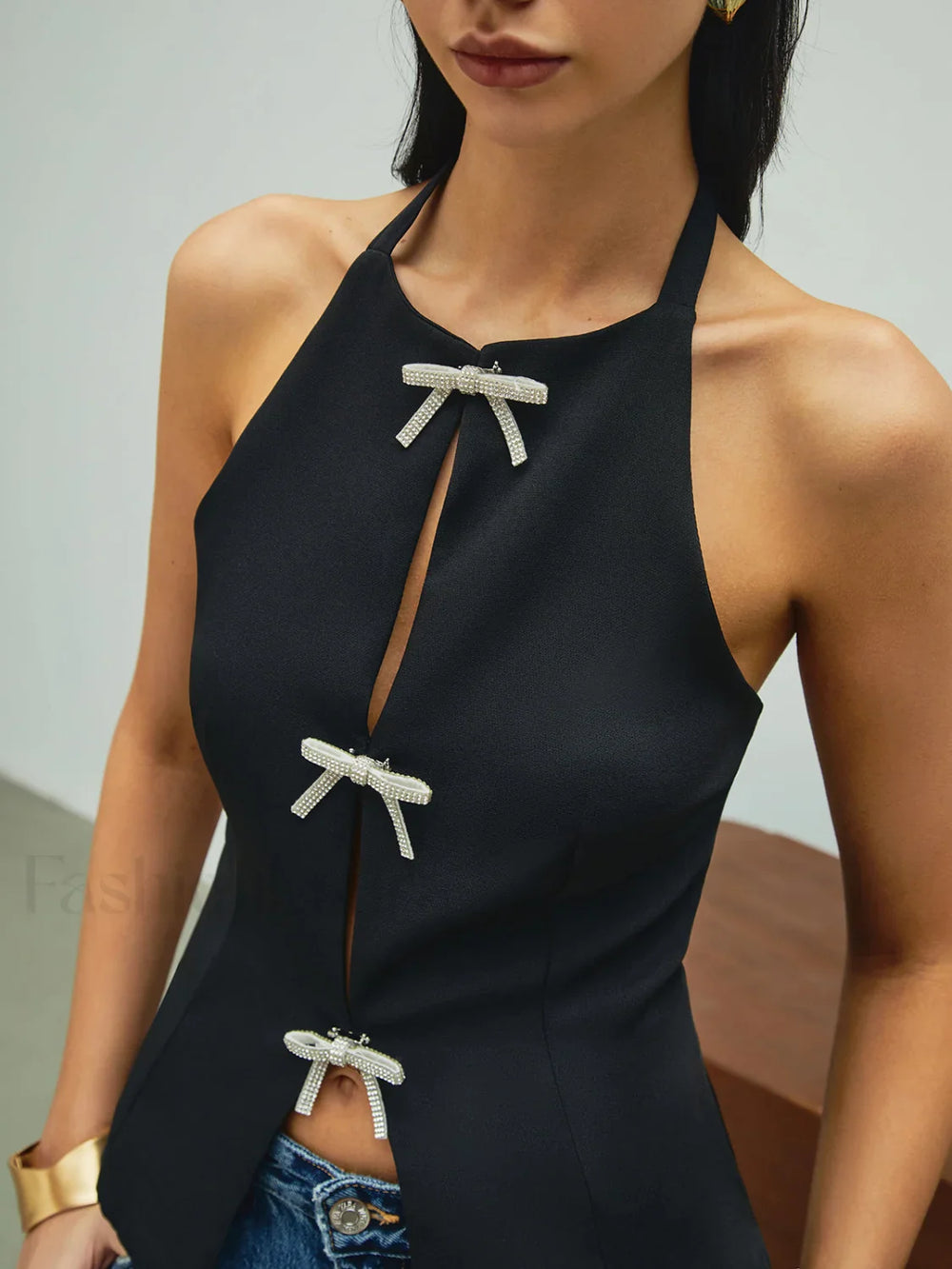 Rhinestone Bow Decor Halter Tank Top Tank Tops & Camis