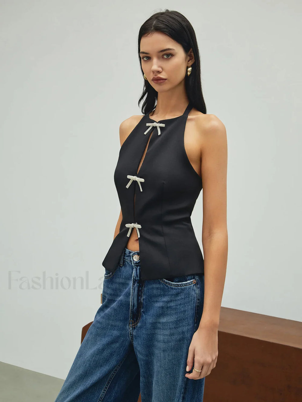 Rhinestone Bow Decor Halter Tank Top Tank Tops & Camis