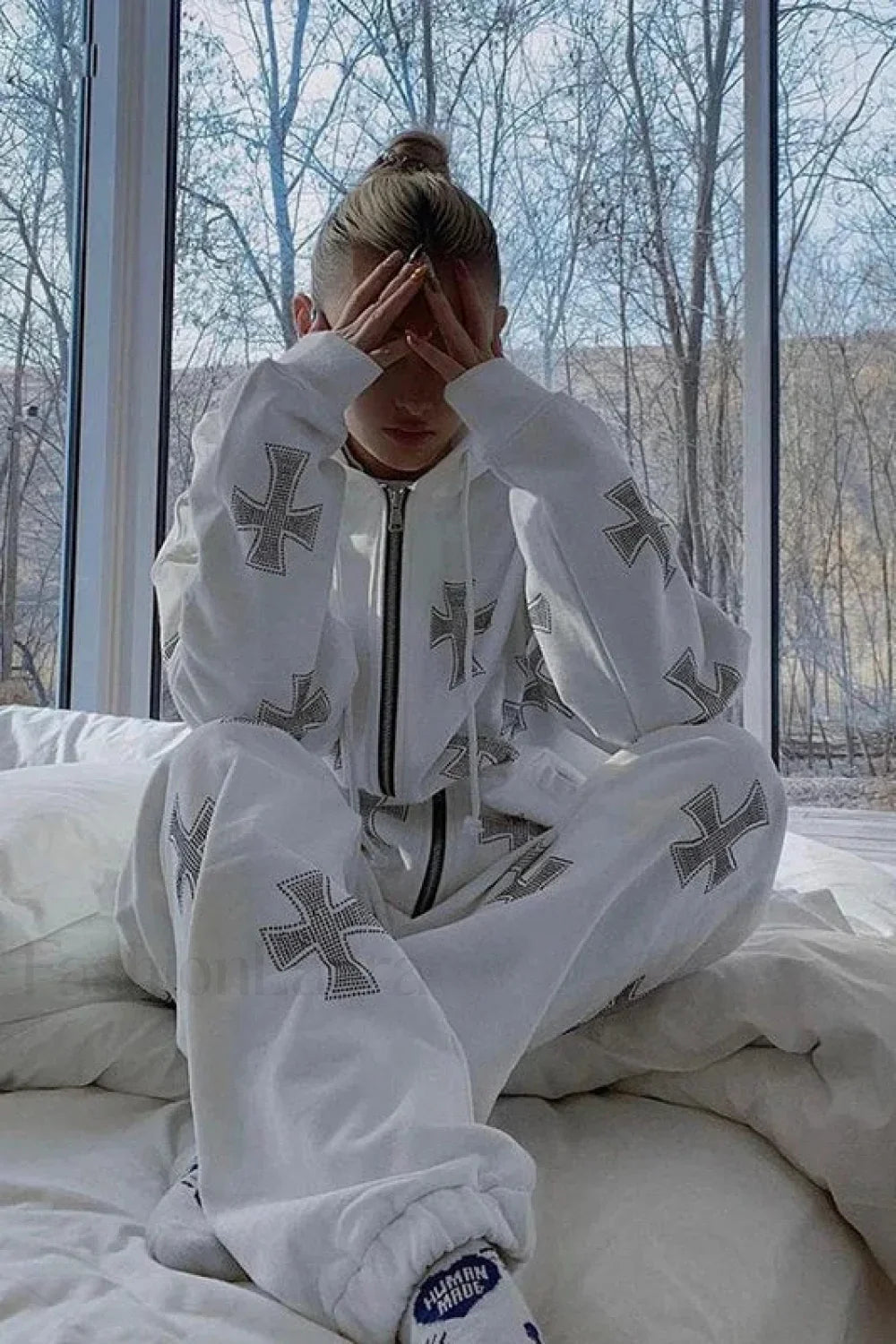 Rhinestone Cross Print Y2K Zip Up Hoodie