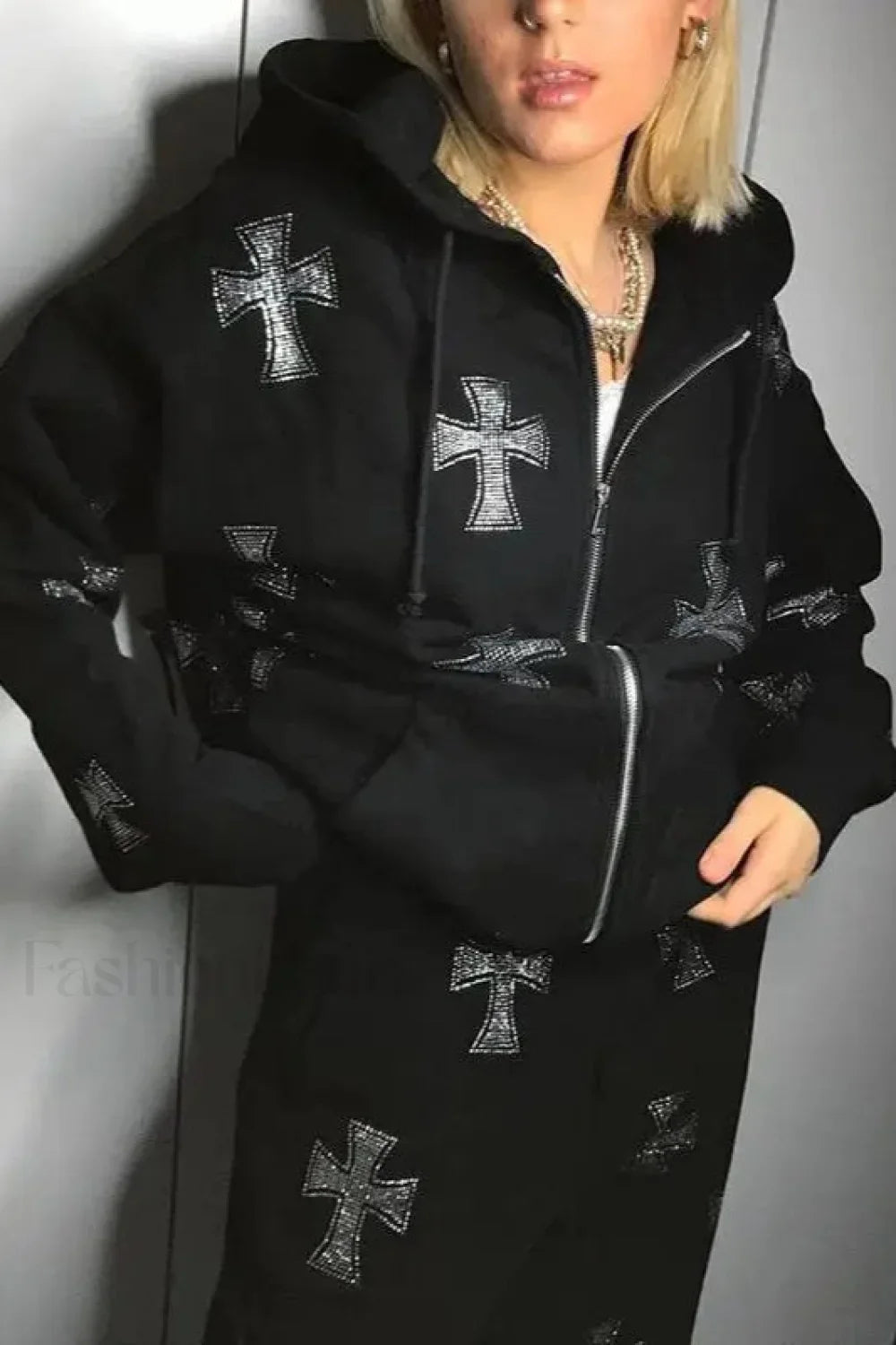 Rhinestone Cross Print Y2K Zip Up Hoodie Black / S