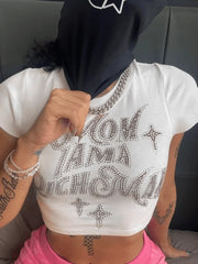 Rhinestone Letter Detail Crop Top Tops&Tees