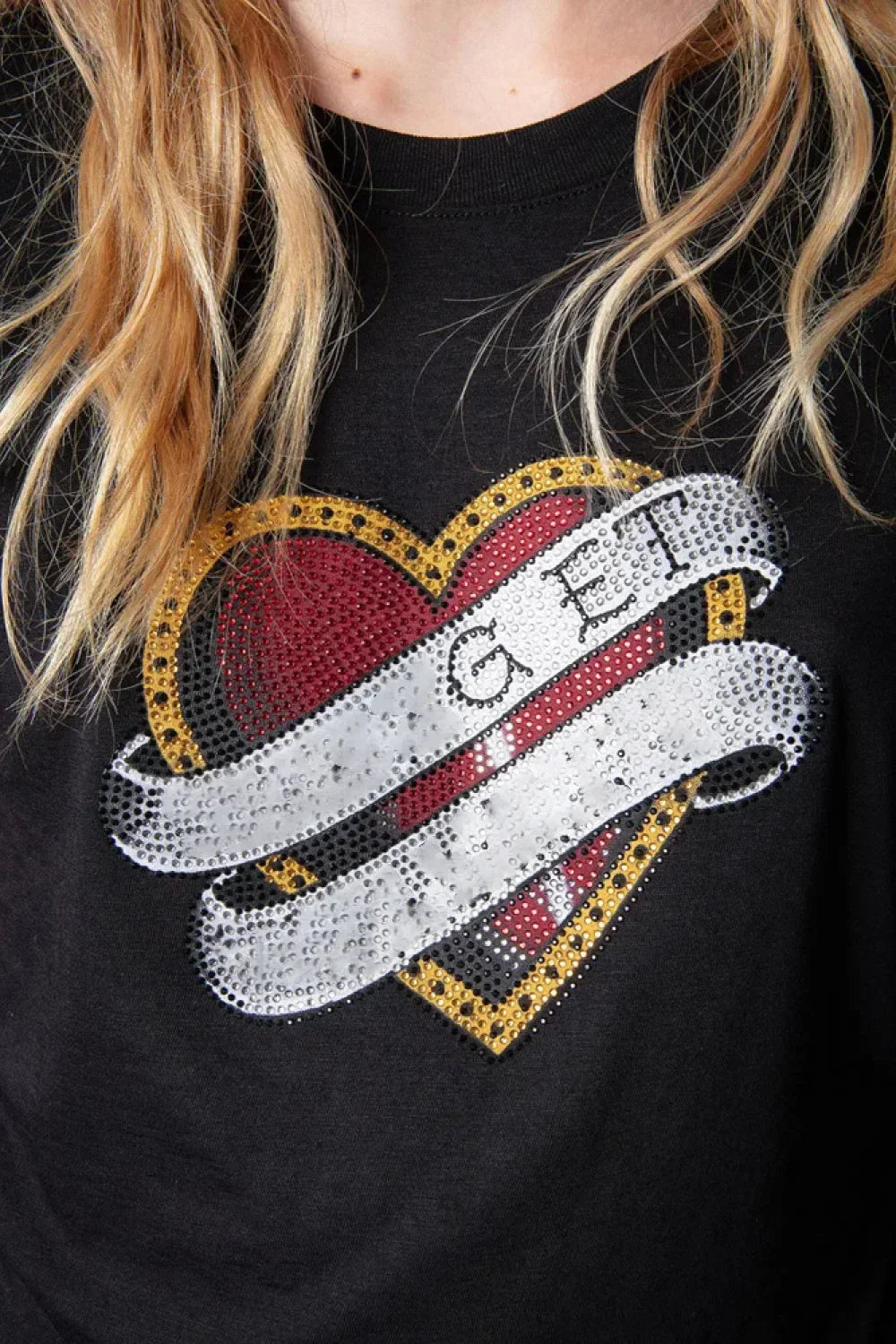 Rhinestone Love Heart Cotton T Shirt