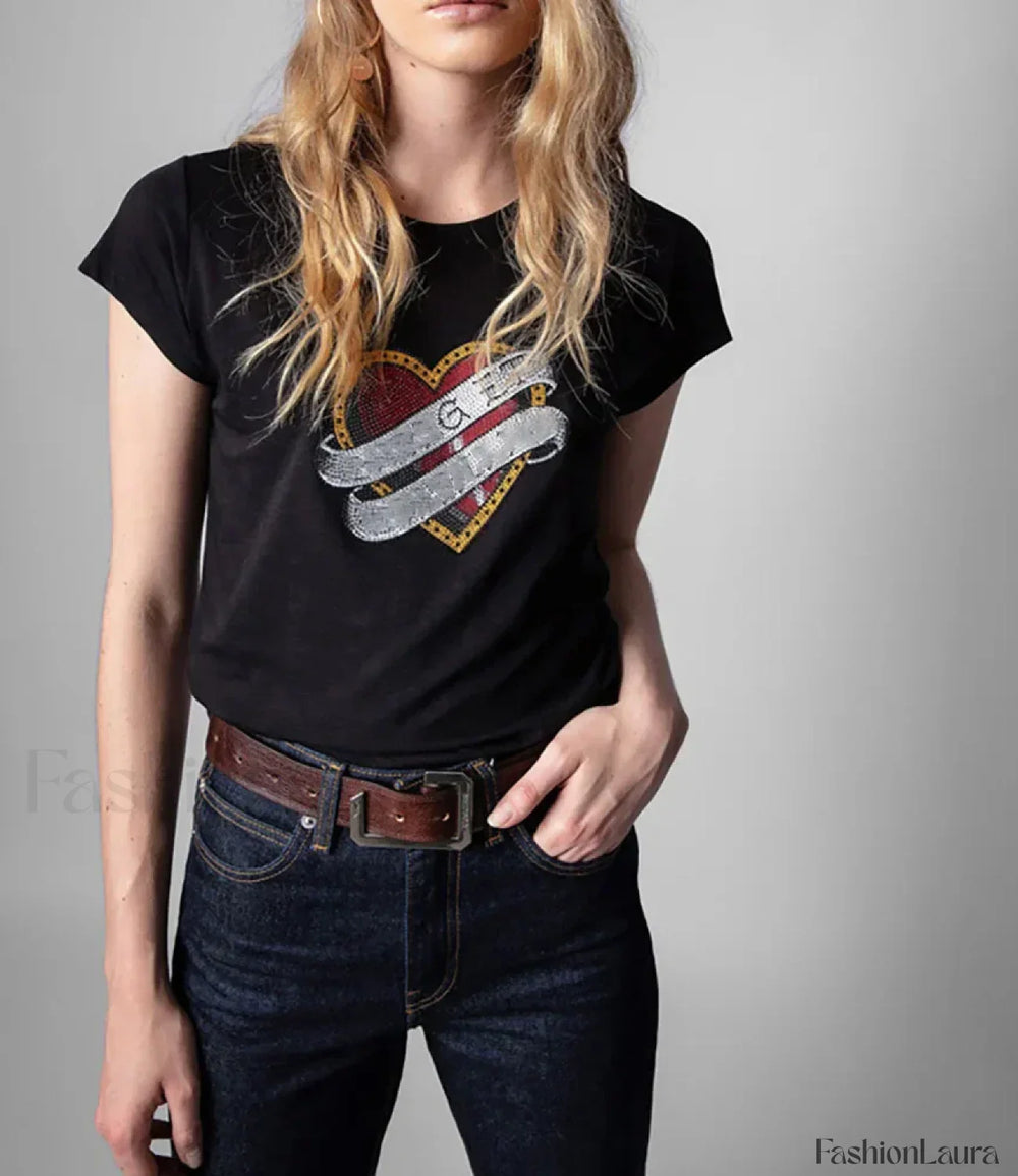 Rhinestone Love Heart Cotton T Shirt Black / XS