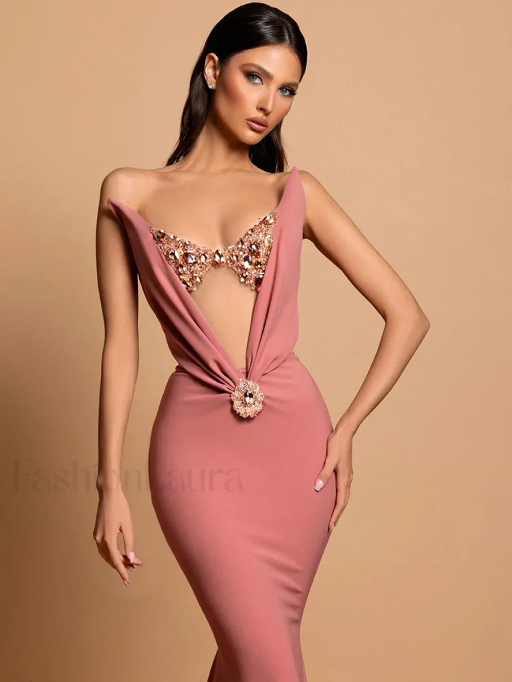 Rhinestone Velvet Mermaid Maxi Dress Coral / S