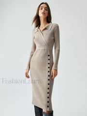 Ribbed Knit Contrast Trim Modern Collared Sweater Midi Dress Camel / S Sweaters L