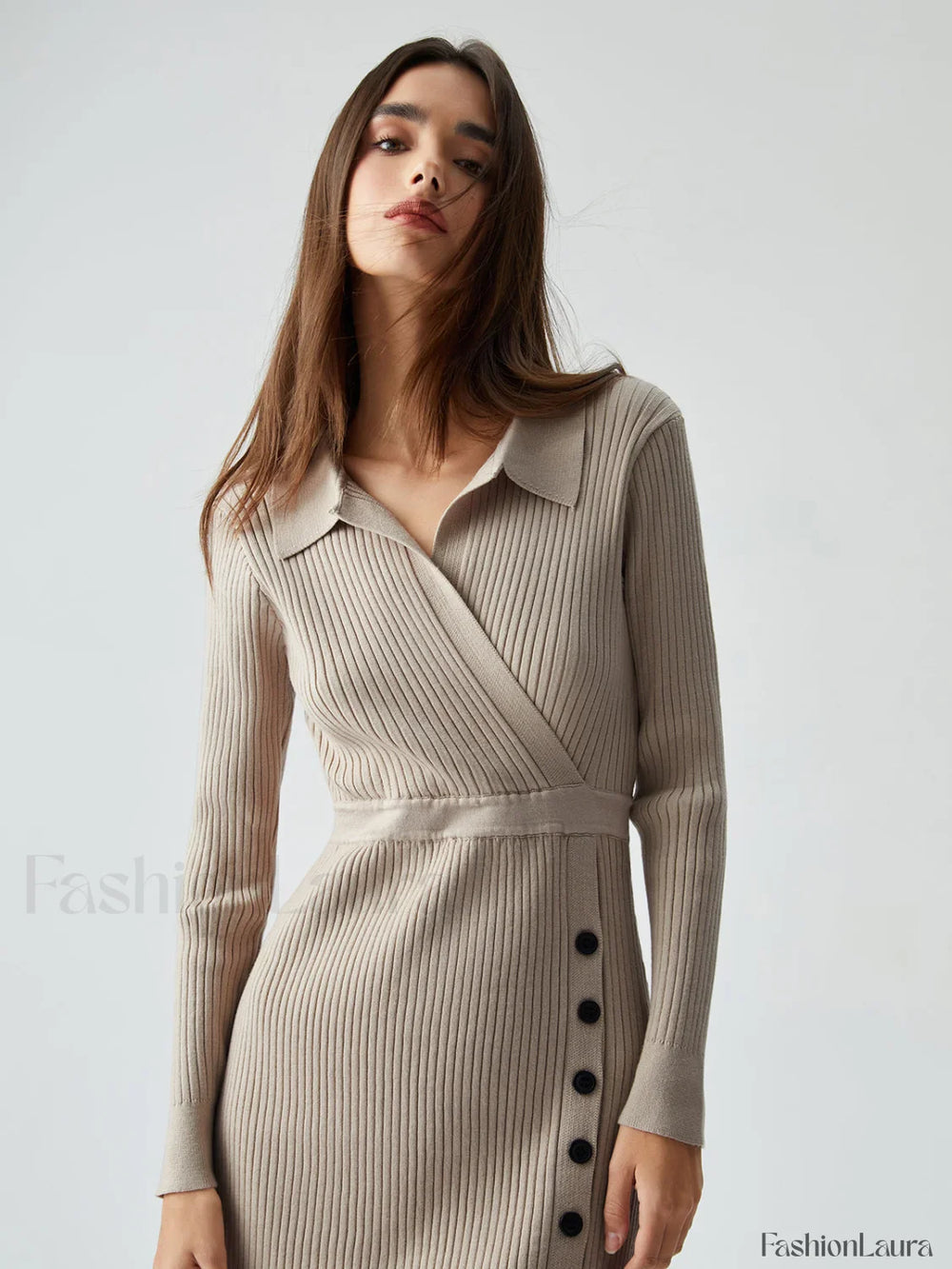 Ribbed Knit Contrast Trim Modern Collared Sweater Midi Dress Sweaters L
