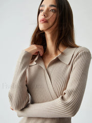 Ribbed Knit Contrast Trim Modern Collared Sweater Midi Dress Sweaters L