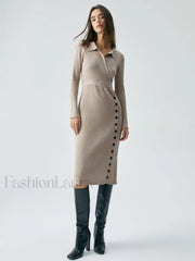 Ribbed Knit Contrast Trim Modern Collared Sweater Midi Dress Sweaters L