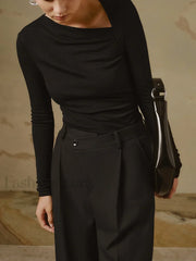 Ribbed Knit Long Sleeve Asymmetric Shirt T Shirts