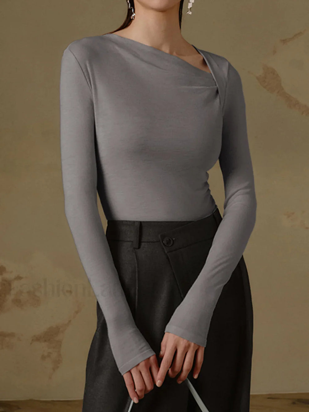 Ribbed Knit Long Trendy Sleeve Asymmetric Shirt Grey / XS T Shirts