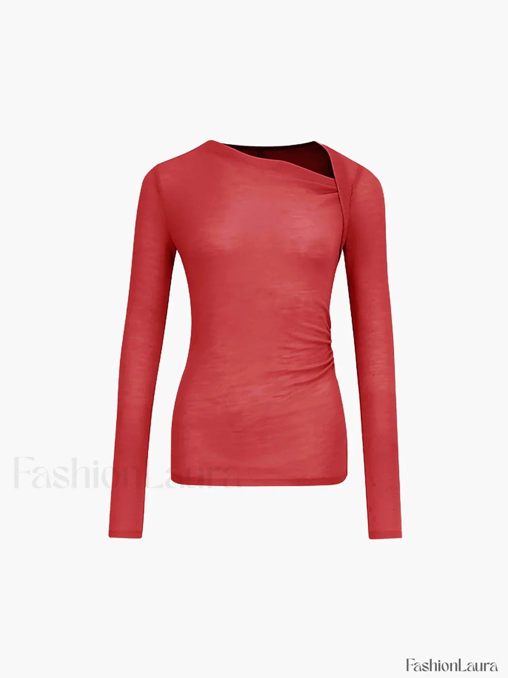 Ribbed Knit Long Trendy Sleeve Asymmetric Shirt Red / XS T Shirts