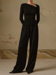 Ribbed Knit Long Trendy Sleeve Asymmetric Shirt T Shirts