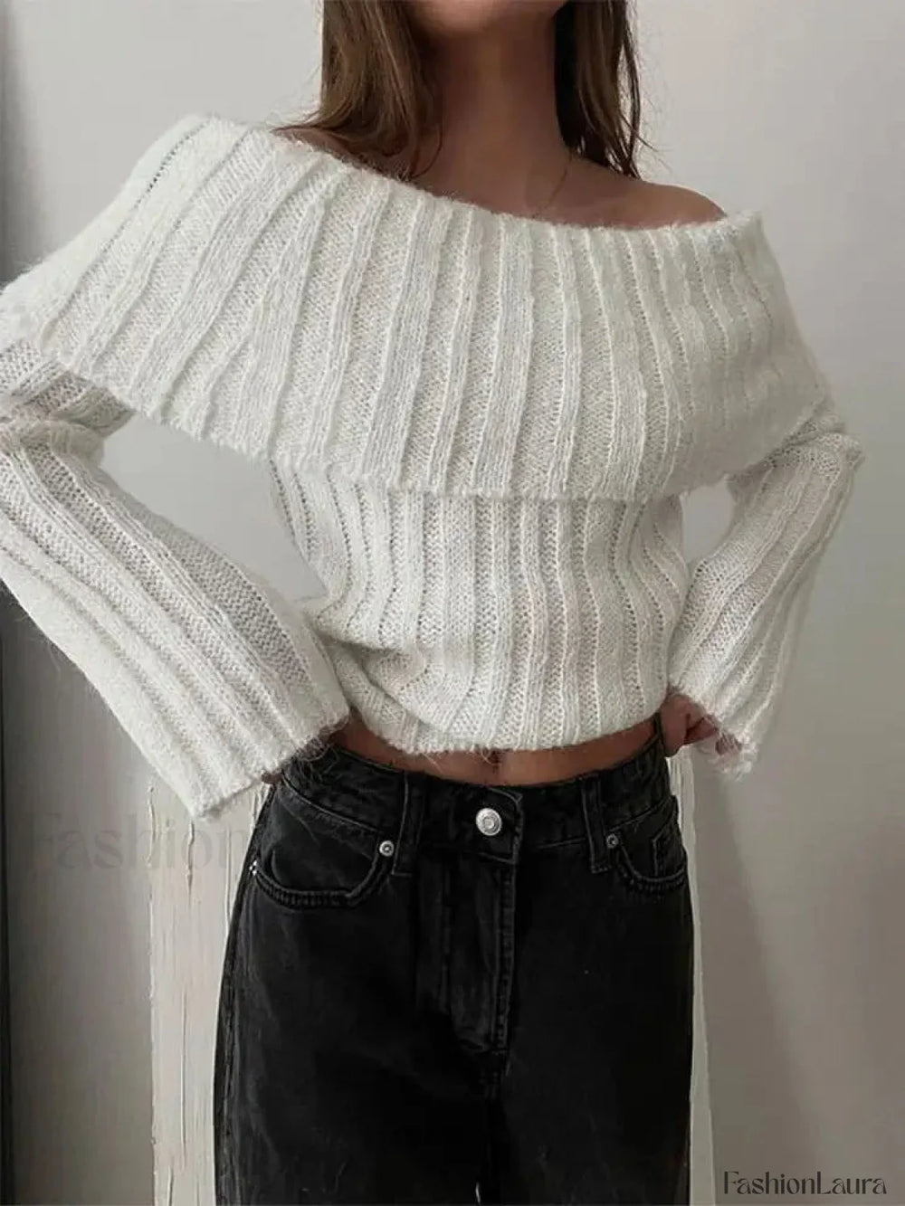 Ribbed Knit Overfold Trendy Off Shoulder Knit Top Sweaters L