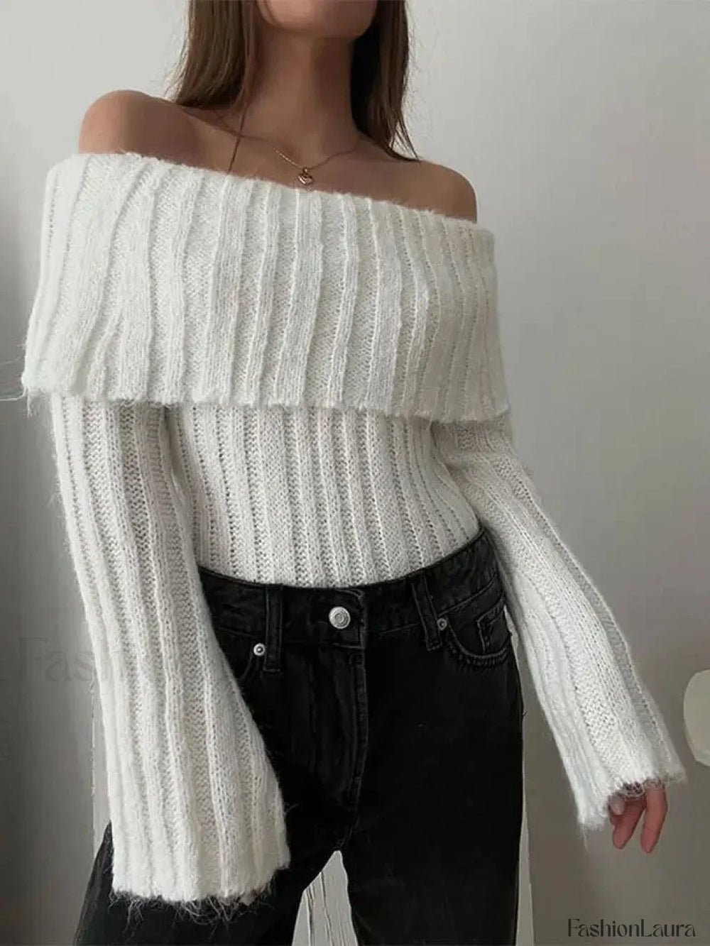 Ribbed Knit Overfold Trendy Off Shoulder Knit Top Sweaters L