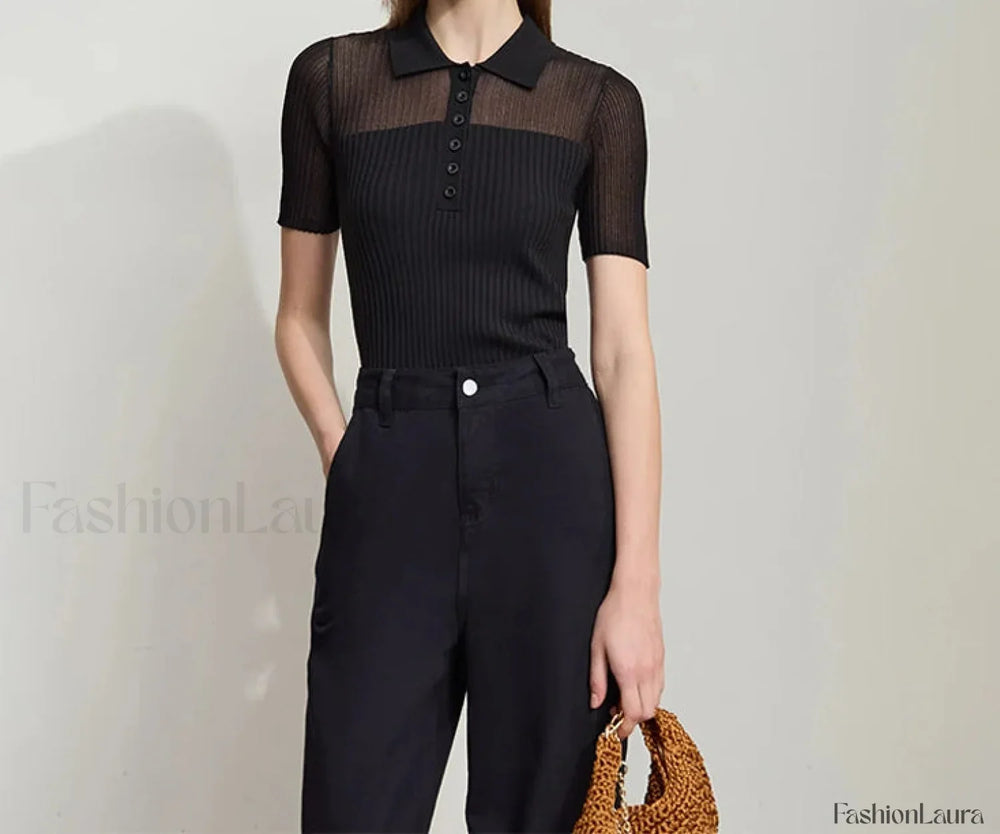 Ribbed Lapel Knitted T Shirt Black / S