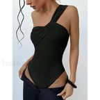Ribbed One Shoulder Cut Out One Piece Black / S