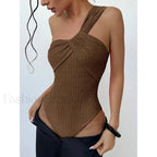 Ribbed One Shoulder Cut Out One Piece Brown / S