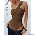 Ribbed One Shoulder Cut Out One Piece Brown / S