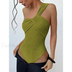 Ribbed One Shoulder Cut Out One Piece Green / S