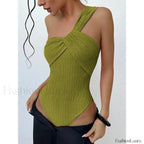 Ribbed One Shoulder Cut Out One Piece Green / S