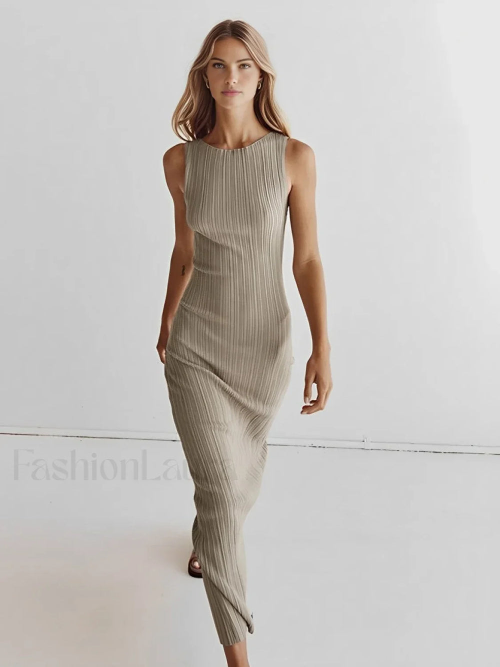 Ribbed Sleeveless Knit Long Dress Khaki / XS Sweater Dresses