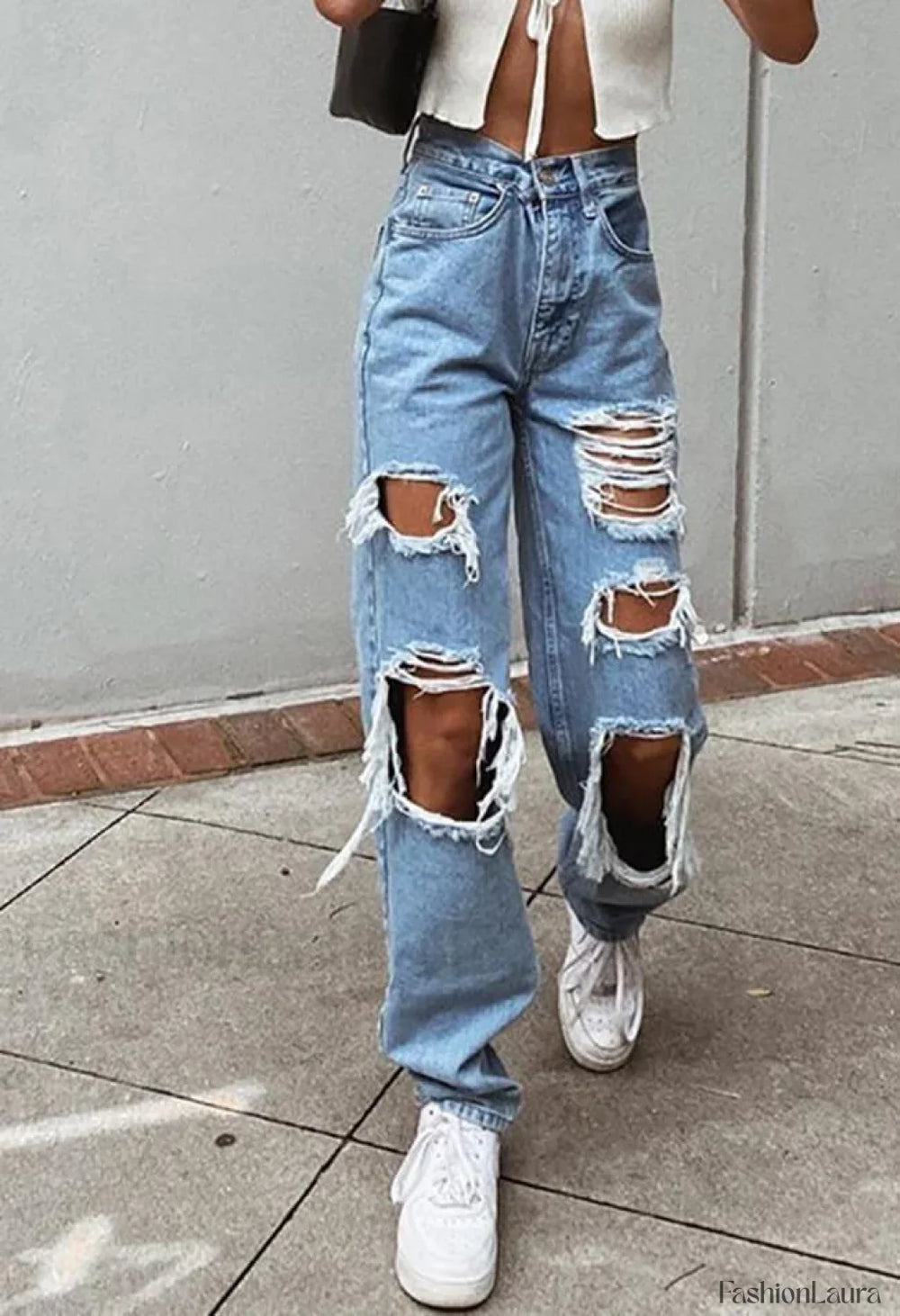 Ripped High Waist Boyfriend Jeans Blue / S Jeans