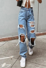 Ripped High Waist Boyfriend Jeans Blue / S Jeans